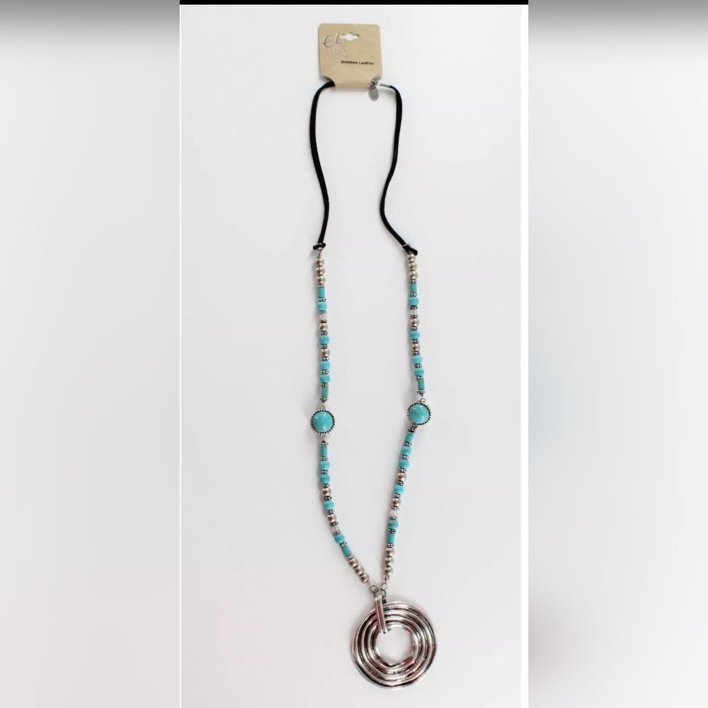 Erica Lyons Silver Swirl Pendant and Turquoise Beaded Necklace NWT 36" Pend 2.5"